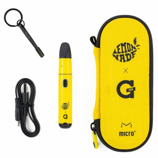 A Lemonnade X G Pen Micro+ Vaporizer kit in yellow and black, with a vape pen, Lemonnade x G Pen carrying case, USB charging cable, and keychain tool—all displayed on a white background.