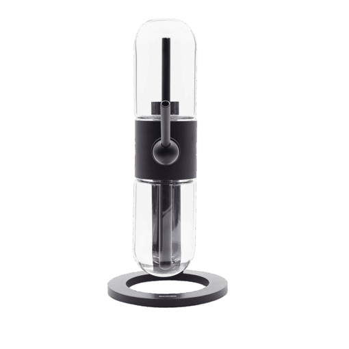 The Stündenglass Gravity Infuser is a modern glass water pipe with a black band and base, featuring a vertical mouthpiece and downstem—designed as a 360° gravity hookah infusion system, shown against a white background.