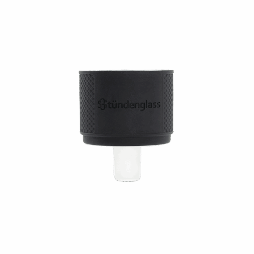 A black cylindrical rubber adapter for the Stündenglass Gravity Infuser | 360° Gravity Hookah & Infusion System, featuring textured grip sides, the Stündenglass logo, and a clear glass nozzle—shown on a white background.