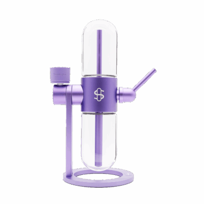 Stündenglass Gravity Infuser in Violet Purple, showcasing its sleek design and 360° gravity hookah functionality.