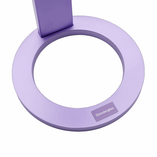 A close-up of the metallic violet purple circular base with a Stündenglass logo plaque, attached to a rectangular vertical piece—a sleek detail of the Stündenglass Gravity Infuser - Violet Purple | 360° Gravity Hookah on white background.