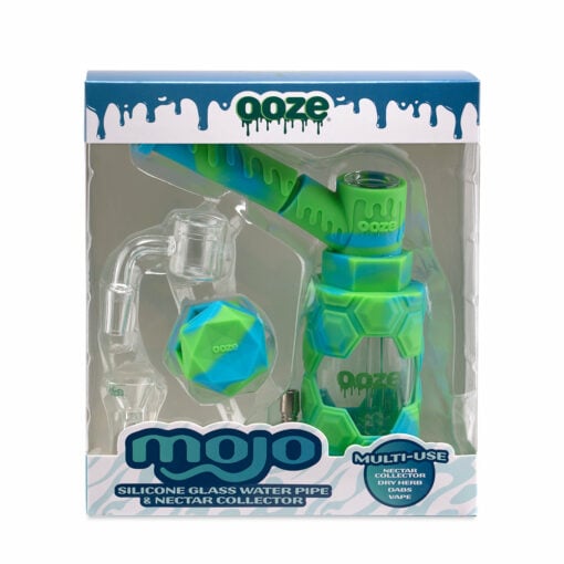 Ooze Mojo Silicone Water Pipe featuring a honeycomb design, 14mm glass bowl, and detachable hand pipe, showcasing its versatility as both a bong and dab rig, with a vibrant color selection.