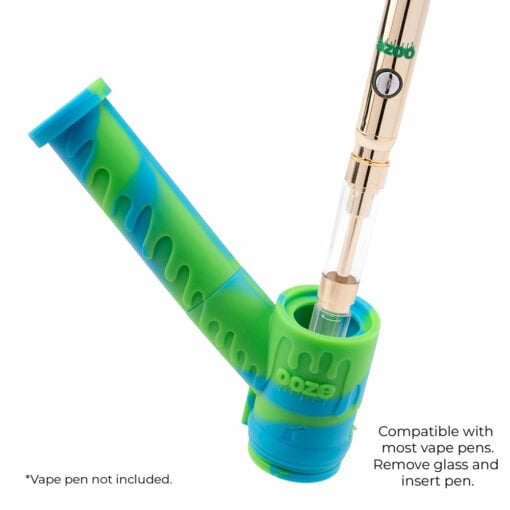 Ooze Mojo Silicone Water Pipe featuring a honeycomb design, 14mm glass bowl, and detachable hand pipe, showcasing its versatility as both a bong and dab rig, with a vibrant color selection.