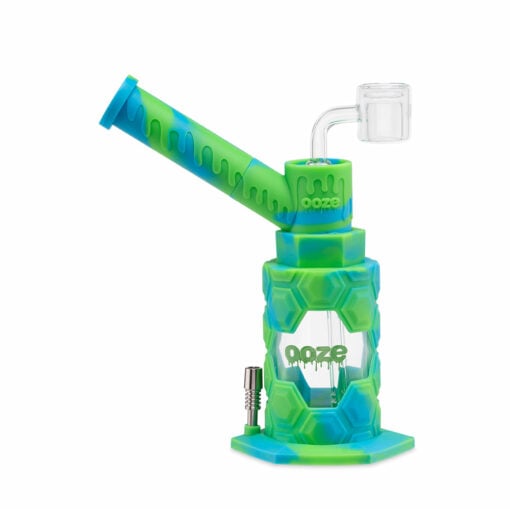 Ooze Mojo Silicone Water Pipe featuring a honeycomb design, 14mm glass bowl, and detachable hand pipe, showcasing its versatility as both a bong and dab rig, with a vibrant color selection.