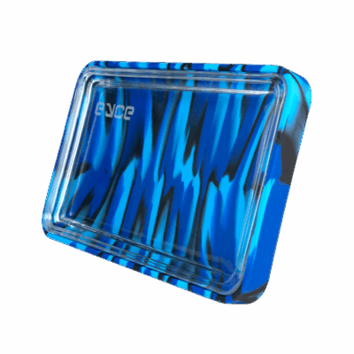 A stylish Eyce Rolling Tray featuring a unique 2-in-1 design that seamlessly combines durable silicone and elegant glass, showcasing its functional aesthetics for an elevated rolling experience, available at Cannabox.