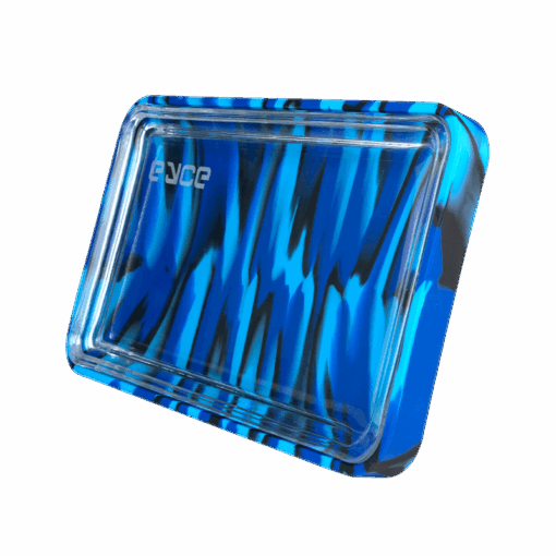 A stylish Eyce Rolling Tray featuring a unique 2-in-1 design that seamlessly combines durable silicone and elegant glass, showcasing its functional aesthetics for an elevated rolling experience, available at Cannabox.