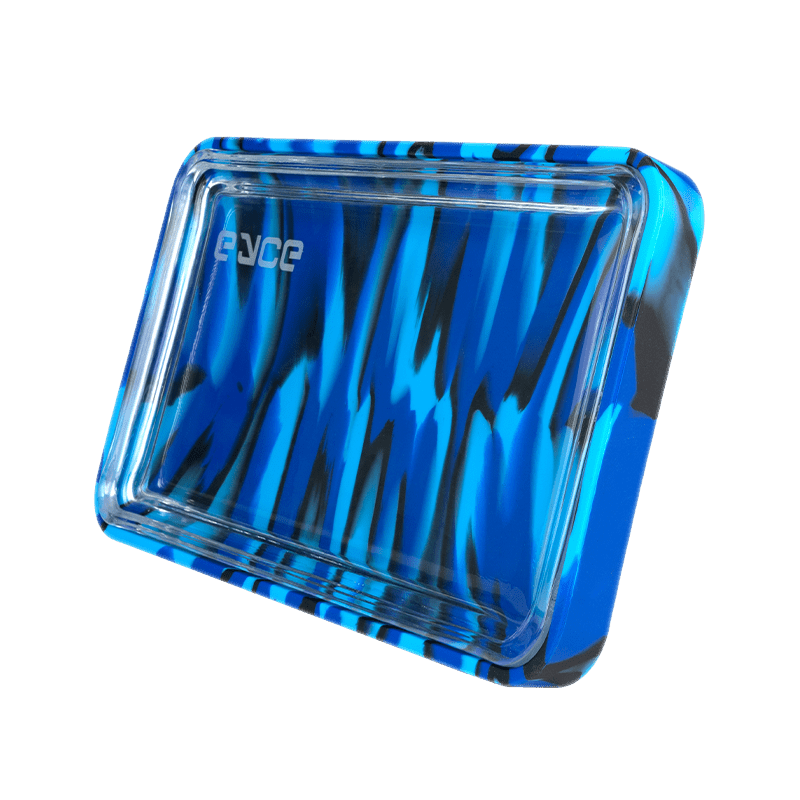 A stylish Eyce Rolling Tray featuring a unique 2-in-1 design that seamlessly combines durable silicone and elegant glass, showcasing its functional aesthetics for an elevated rolling experience, available at Cannabox.