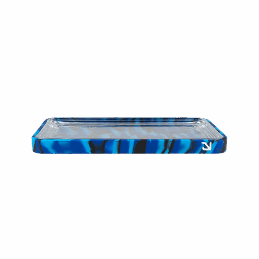 A stylish Eyce Rolling Tray featuring a unique 2-in-1 design that seamlessly combines durable silicone and elegant glass, showcasing its functional aesthetics for an elevated rolling experience, available at Cannabox.