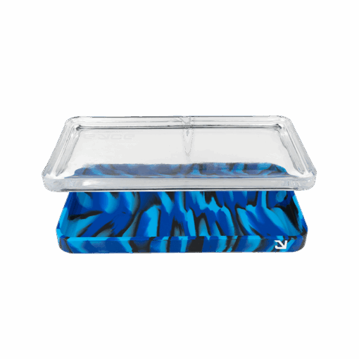 A stylish Eyce Rolling Tray featuring a unique 2-in-1 design that seamlessly combines durable silicone and elegant glass, showcasing its functional aesthetics for an elevated rolling experience, available at Cannabox.