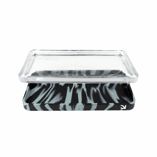 A stylish Eyce Rolling Tray featuring a unique 2-in-1 design that seamlessly combines durable silicone and elegant glass, showcasing its functional aesthetics for an elevated rolling experience, available at Cannabox.