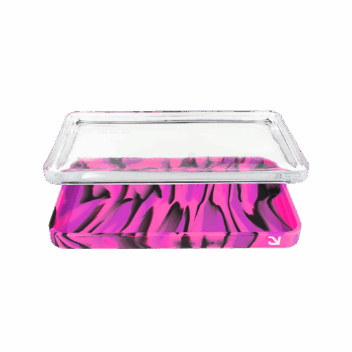 A stylish Eyce Rolling Tray featuring a unique 2-in-1 design that seamlessly combines durable silicone and elegant glass, showcasing its functional aesthetics for an elevated rolling experience, available at Cannabox.