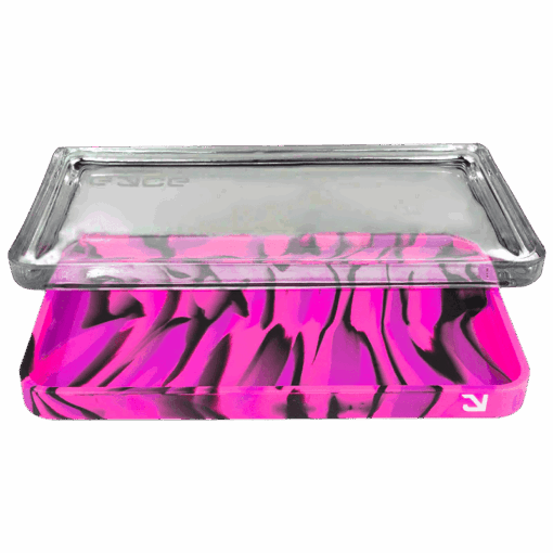 A stylish Eyce Rolling Tray featuring a unique 2-in-1 design that seamlessly combines durable silicone and elegant glass, showcasing its functional aesthetics for an elevated rolling experience, available at Cannabox.