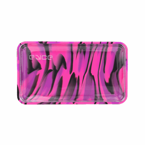 A stylish Eyce Rolling Tray featuring a unique 2-in-1 design that seamlessly combines durable silicone and elegant glass, showcasing its functional aesthetics for an elevated rolling experience, available at Cannabox. - bangin