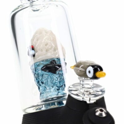 Empire Glassworks Avenge the Arctic Puffco Peak Attachment, showcasing a stunning UV-reactive design with intricate frosty details, enhancing the aesthetic and functionality of your Puffco experience, available at Cannabox.
