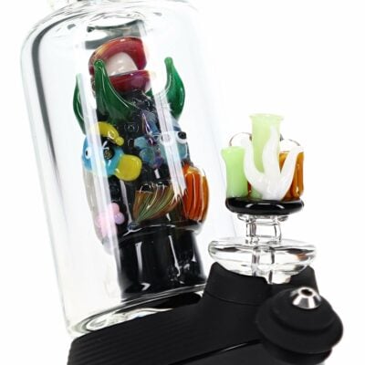 Empire Glassworks 'Save the Seas' Puffco Peak Attachment showcasing intricate UV-reactive coral designs, embodying ocean-inspired elegance, perfect for enhancing your Puffco Peak experience with functional aesthetics, available at Cannabox.