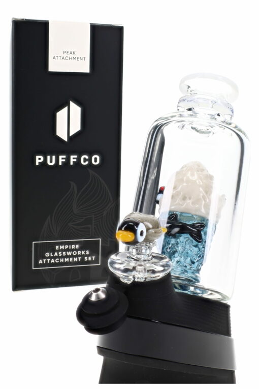 Empire Glassworks Avenge the Arctic Puffco Peak Attachment, showcasing a stunning UV-reactive design with intricate frosty details, enhancing the aesthetic and functionality of your Puffco experience, available at Cannabox.