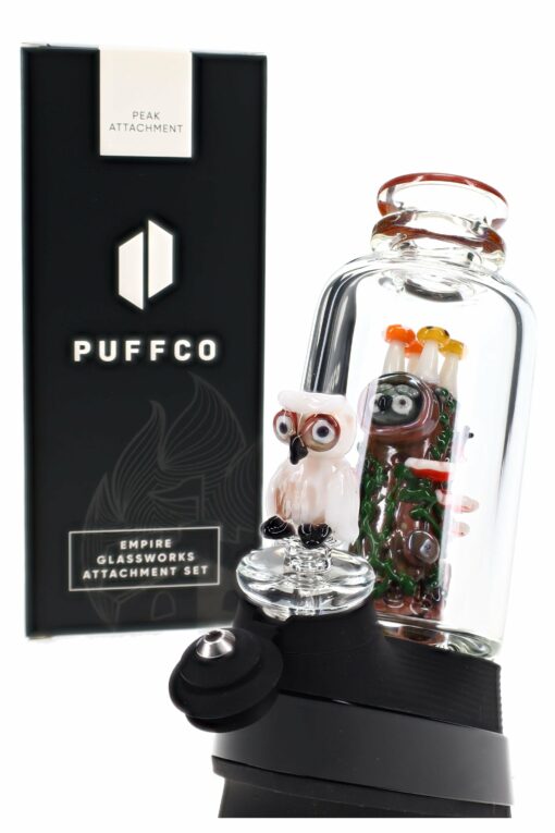 Empire Glassworks 'Renew the Redwood' Peak Attachment showcasing intricate UV-reactive designs, enhancing the aesthetic of your Puffco setup. This US-made attachment is ideal for concentrate enthusiasts, combining functional beauty with high-quality craftsmanship, available at Cannabox.