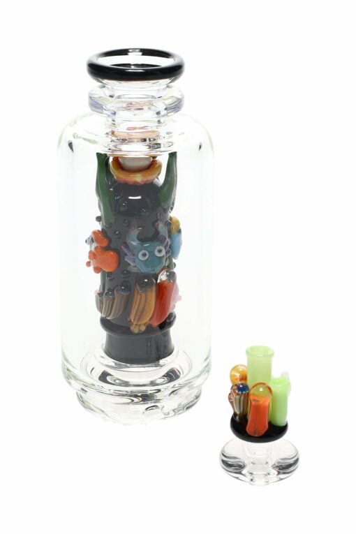 Empire Glassworks 'Save the Seas' Puffco Peak Attachment showcasing intricate UV-reactive coral designs, embodying ocean-inspired elegance, perfect for enhancing your Puffco Peak experience with functional aesthetics, available at Cannabox.