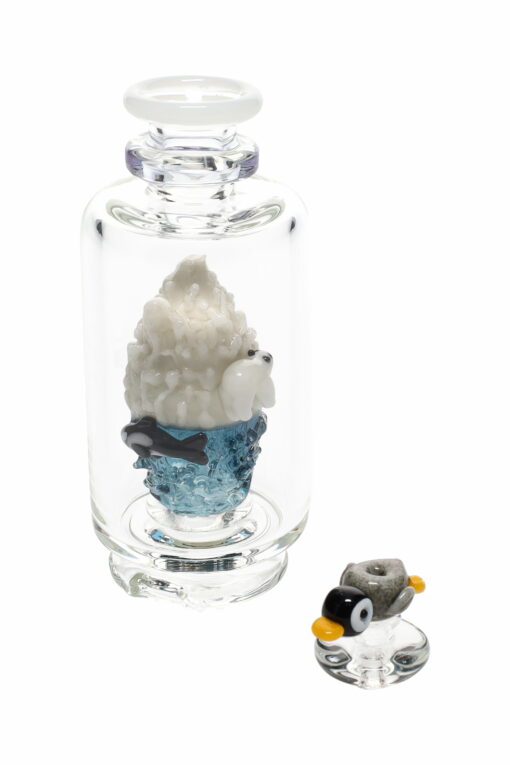 Empire Glassworks Avenge the Arctic Puffco Peak Attachment, showcasing a stunning UV-reactive design with intricate frosty details, enhancing the aesthetic and functionality of your Puffco experience, available at Cannabox.