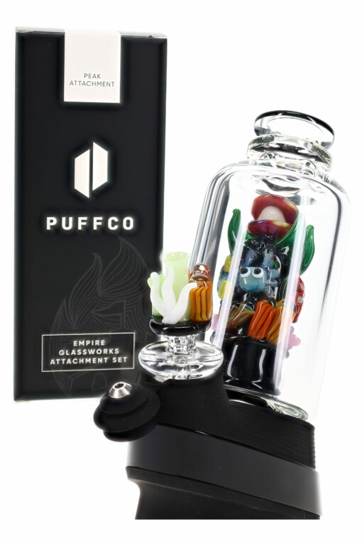 Empire Glassworks 'Save the Seas' Puffco Peak Attachment showcasing intricate UV-reactive coral designs, embodying ocean-inspired elegance, perfect for enhancing your Puffco Peak experience with functional aesthetics, available at Cannabox.