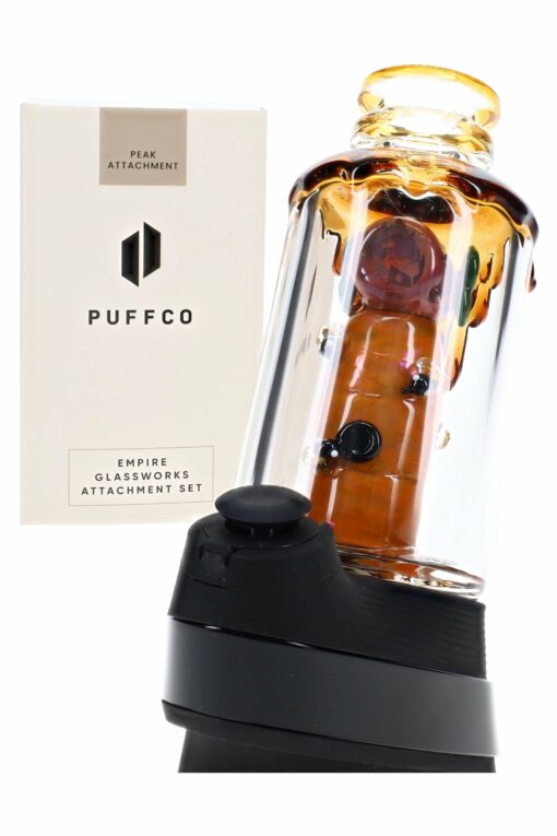 Empire Glassworks 'Save the Bees' Puffco Peak Attachment, a beautifully crafted US-made accessory that enhances the Puffco Peak experience with its artistic design, featuring intricate bee motifs that symbolize nature and sustainability, showcasing both functional aesthetics and premium craftsmanship, available at Cannabox.