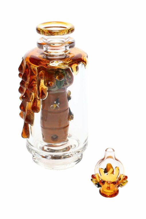 Empire Glassworks 'Save the Bees' Puffco Peak Attachment, a beautifully crafted US-made accessory that enhances the Puffco Peak experience with its artistic design, featuring intricate bee motifs that symbolize nature and sustainability, showcasing both functional aesthetics and premium craftsmanship, available at Cannabox.