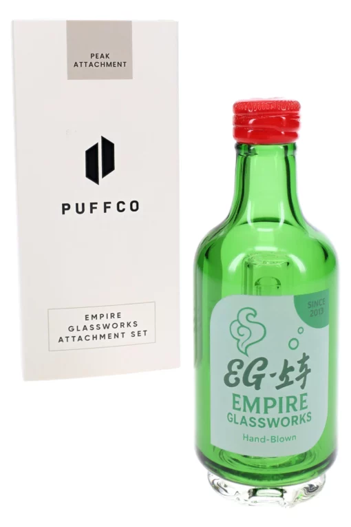 Empire Glassworks Soju Bottle Puffco Peak Attachment, a beautifully crafted US-made glass piece designed to enhance your Puffco experience with its stylish and functional aesthetics, showcasing intricate details and vibrant colors that reflect the essence of cannabis culture, available at Cannabox.