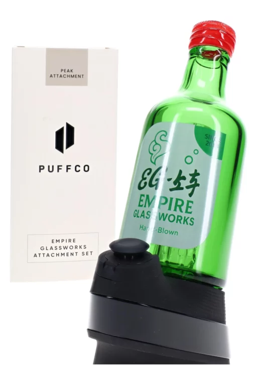 Empire Glassworks Soju Bottle Puffco Peak Attachment, a beautifully crafted US-made glass piece designed to enhance your Puffco experience with its stylish and functional aesthetics, showcasing intricate details and vibrant colors that reflect the essence of cannabis culture, available at Cannabox.