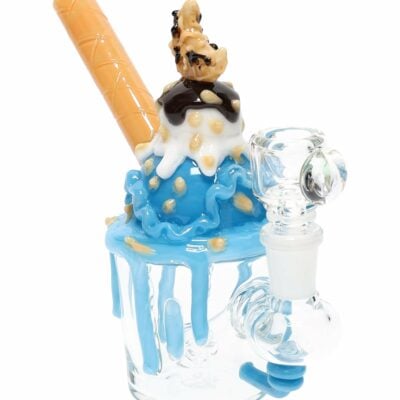 Empire Glassworks Cookie Monster Sundae Glass Nano Rig featuring a playful blue dessert theme, compact beaker body, and intricate lampwork details.