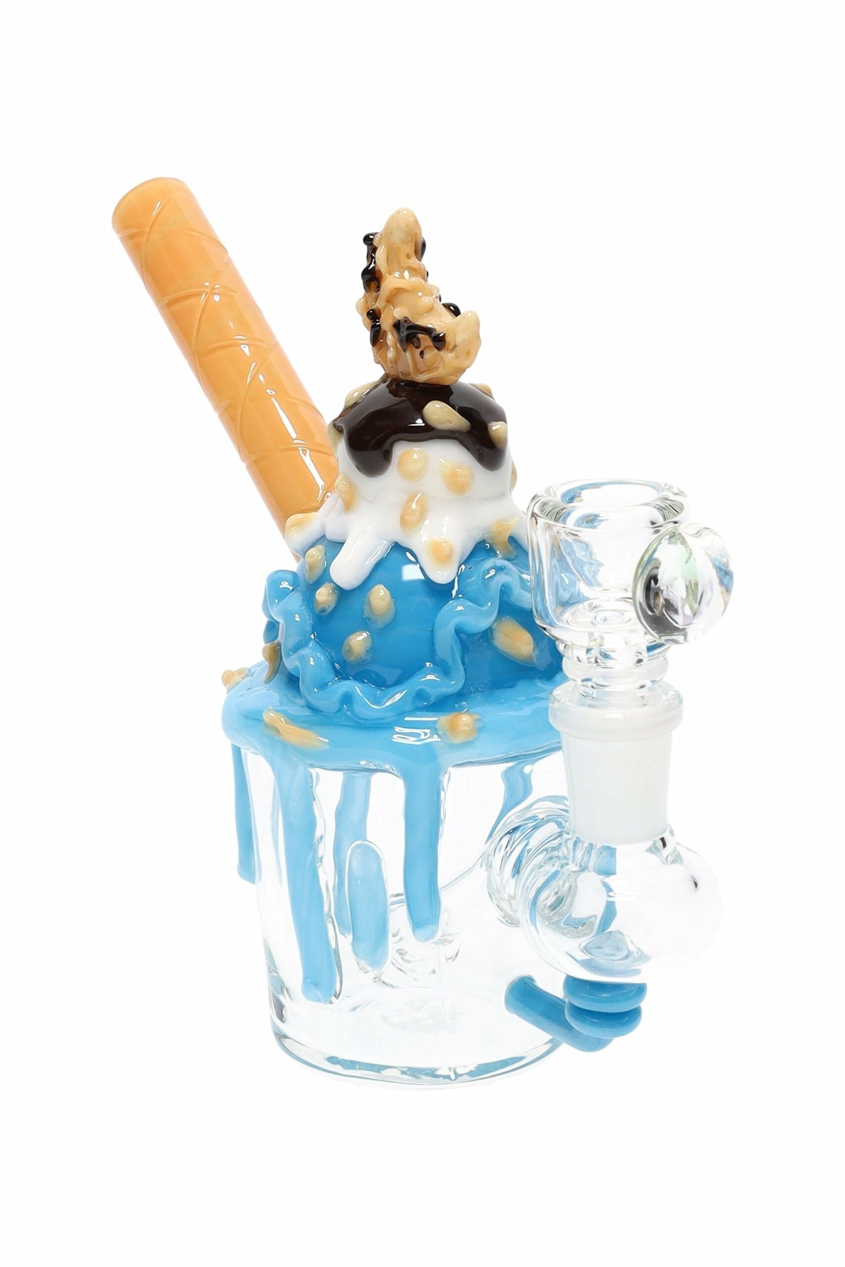 Empire Glassworks Cookie Monster Sundae Glass Nano Rig featuring a playful blue dessert theme, compact beaker body, and intricate lampwork details.