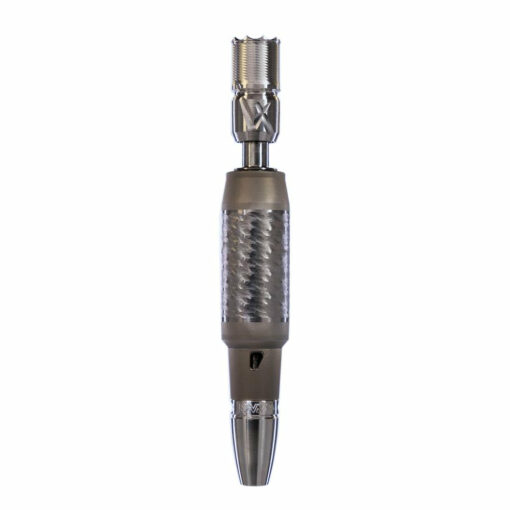 DynaVap VonG X vaporizer showcasing its sleek titanium and stainless steel design, adjustable airflow mouthpiece, and polished midsection.