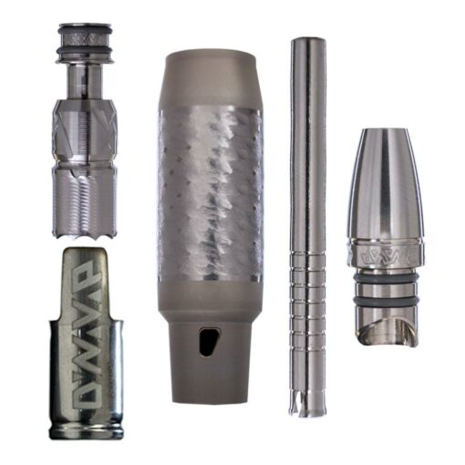 DynaVap VonG X vaporizer showcasing its sleek titanium and stainless steel design, adjustable airflow mouthpiece, and polished midsection.