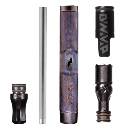 DynaVap M 7 XL Stealth thermal extraction device showcasing premium titanium construction, sleek design, and vibrant color play in deep purple and blue.
