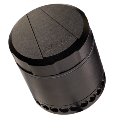DynaVap DynaGrynd grinder showcasing its anodized aluminum finish, precision micro-rounded teeth, and modular four-piece design for optimal cannabis grinding. - Black