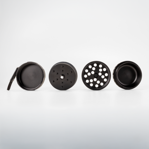 DynaVap DynaGrynd grinder showcasing its anodized aluminum finish, precision micro-rounded teeth, and modular four-piece design for optimal cannabis grinding.