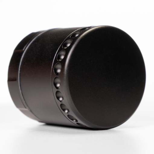 DynaVap DynaGrynd grinder showcasing its anodized aluminum finish, precision micro-rounded teeth, and modular four-piece design for optimal cannabis grinding.
