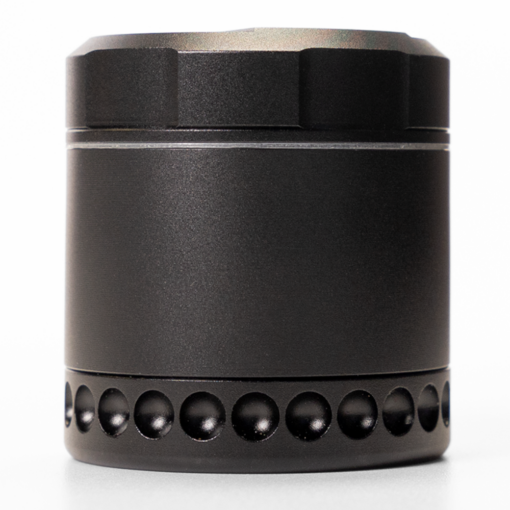 DynaVap DynaGrynd grinder showcasing its anodized aluminum finish, precision micro-rounded teeth, and modular four-piece design for optimal cannabis grinding.