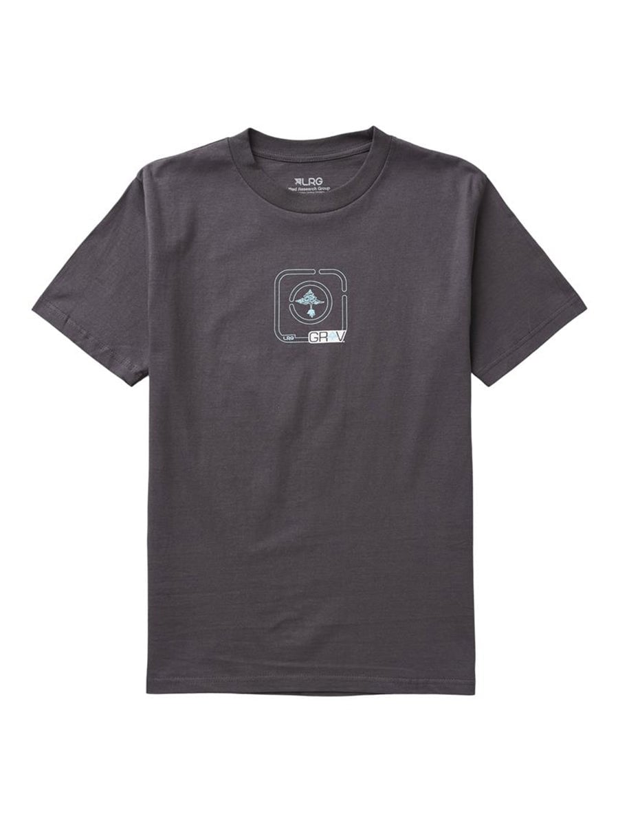 Gray t-shirt featuring a light blue and white Wobble Bubbler blueprint design, showcasing the GRAV® and Hustle Trees logos, made from organic cotton and recycled polyester. - Small