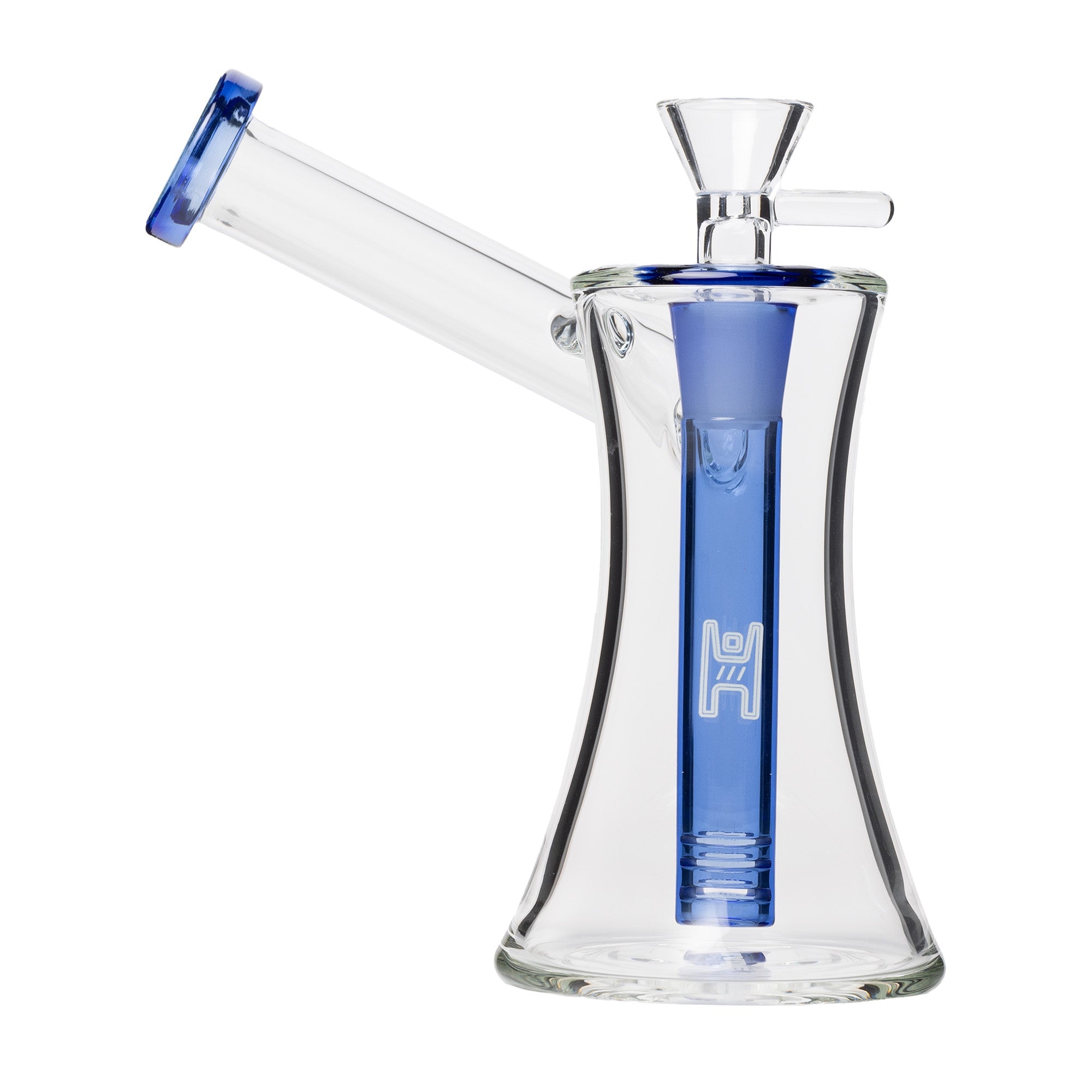 Human Grade 6-inch hourglass sidecar bubbler made from 100% borosilicate glass, featuring a side-mounted mouthpiece and built-in downstem. - Clear with Green Accent