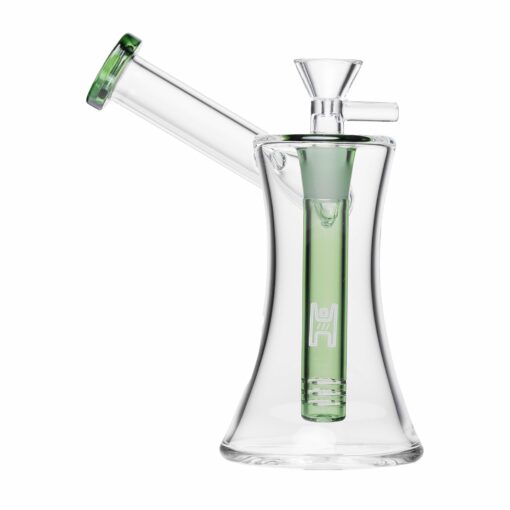 Human Grade 6-inch hourglass sidecar bubbler made from 100% borosilicate glass, featuring a side-mounted mouthpiece and built-in downstem.