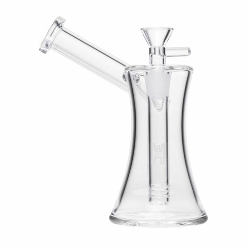 Human Grade 6-inch hourglass sidecar bubbler made from 100% borosilicate glass, featuring a side-mounted mouthpiece and built-in downstem.