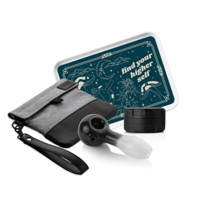 GRAVยฎ Flower Starter Kit Bundle showcasing a frit spoon pipe, cosmic rolling tray, CNC aluminum grinder, and smell-proof pouch with mesh pockets. - Default Title