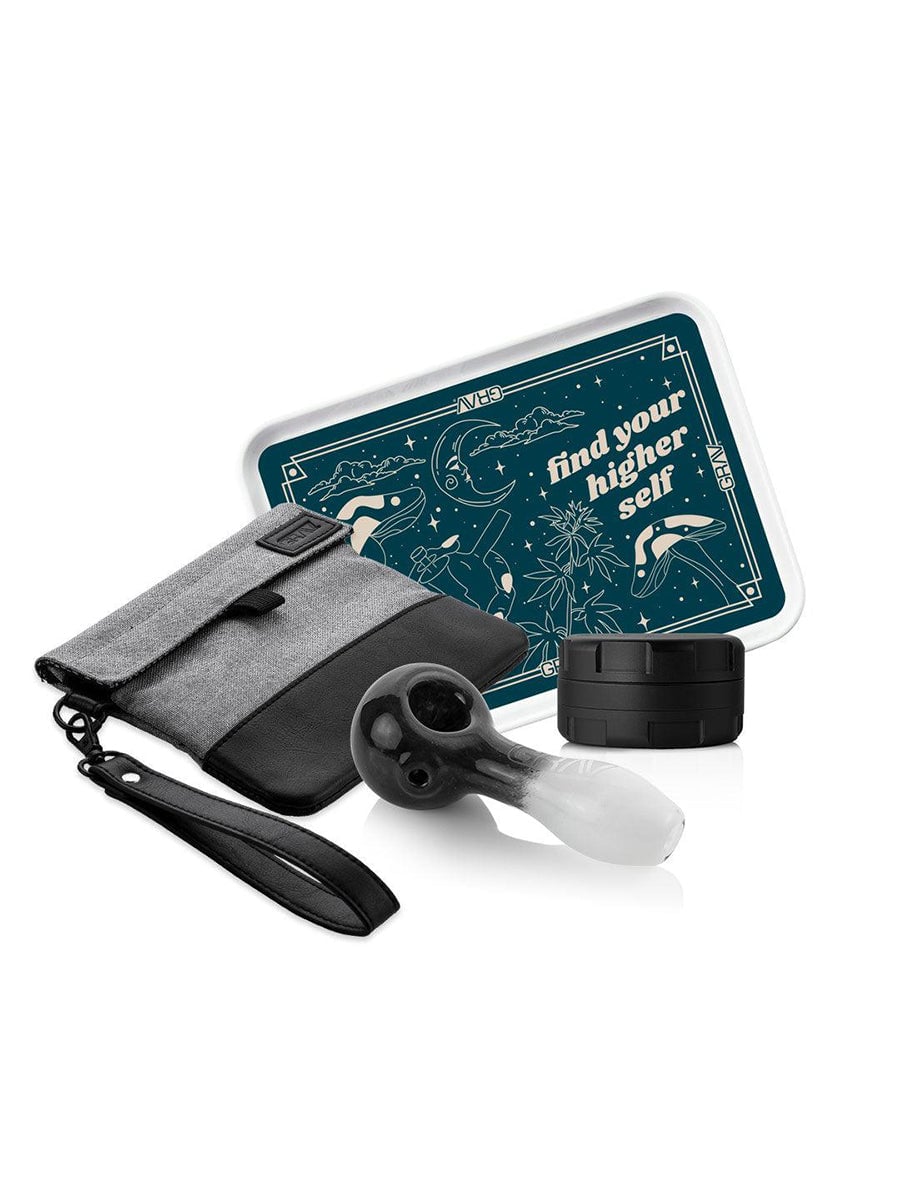 GRAV® Flower Starter Kit Bundle showcasing a frit spoon pipe, cosmic rolling tray, CNC aluminum grinder, and smell-proof pouch with mesh pockets. - Default Title