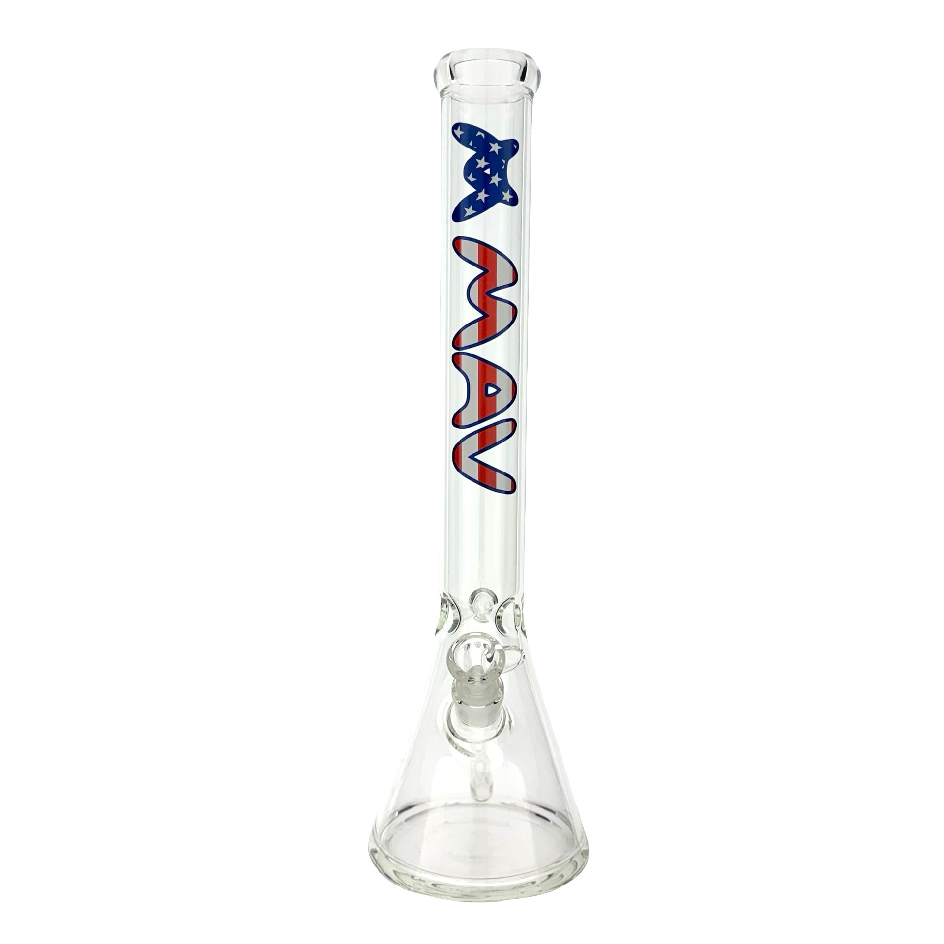 18-inch MAV Red White and Blue beaker bong featuring a USA logo, showcasing patriotic colors and an ice pinch for enhanced smoking experience. - Default Title