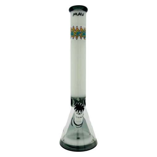 18-inch black and white Wigwag MAV Glass Pyramid Beaker Bong with slitted pyramid perc and ice pinch, showcasing its sleek design and functionality.