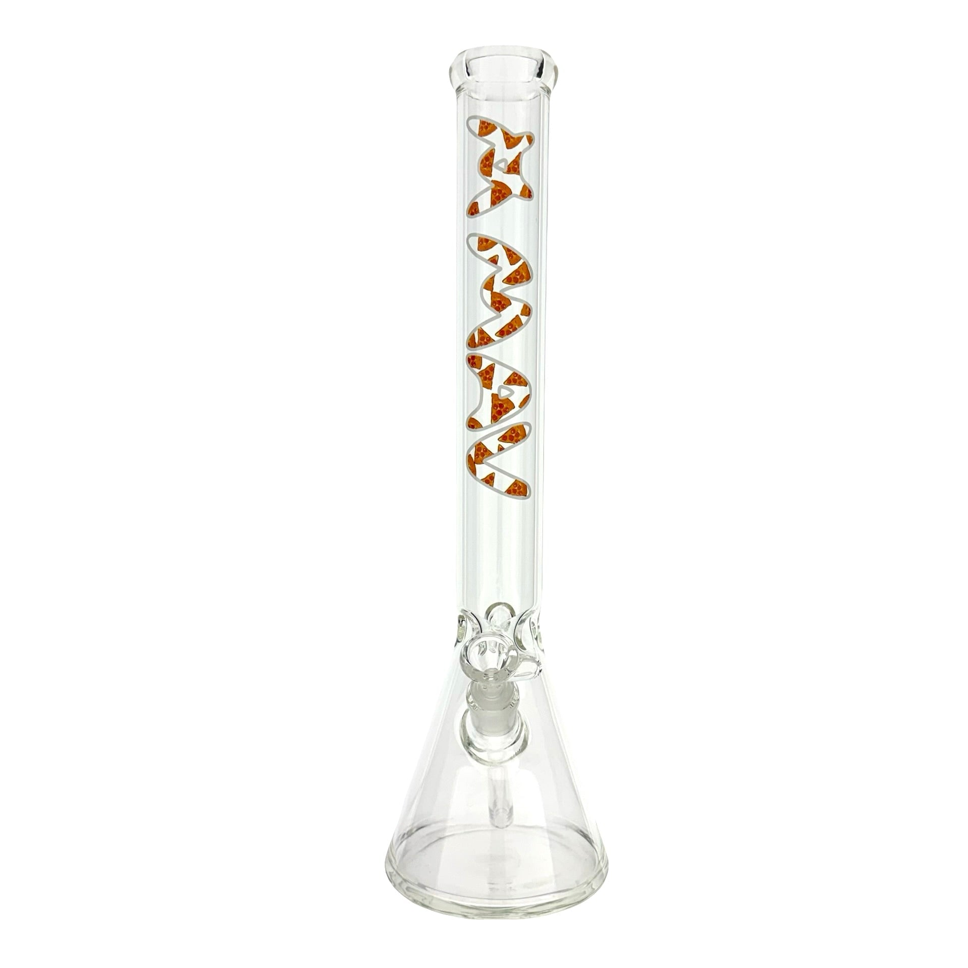 18-inch MAV Pizza Logo Beaker Bong featuring a vibrant pizza logo, 50mm diameter, and ice pinch for a smooth smoking experience. - Default Title