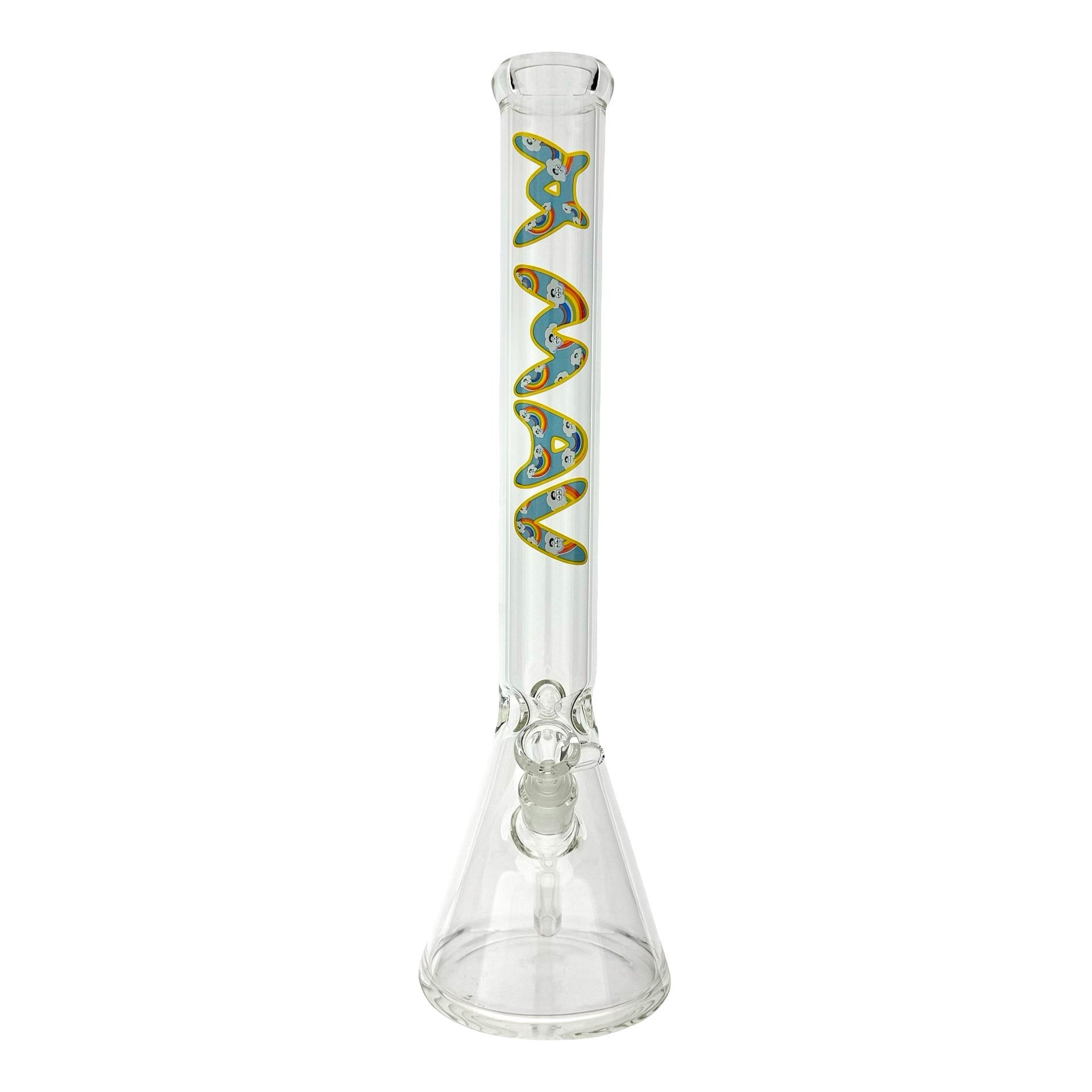 18-inch MAV Rainbow High Cloud Logo Beaker Bong showcasing vibrant colors and unique label, designed for smooth smoking experience. - Default Title