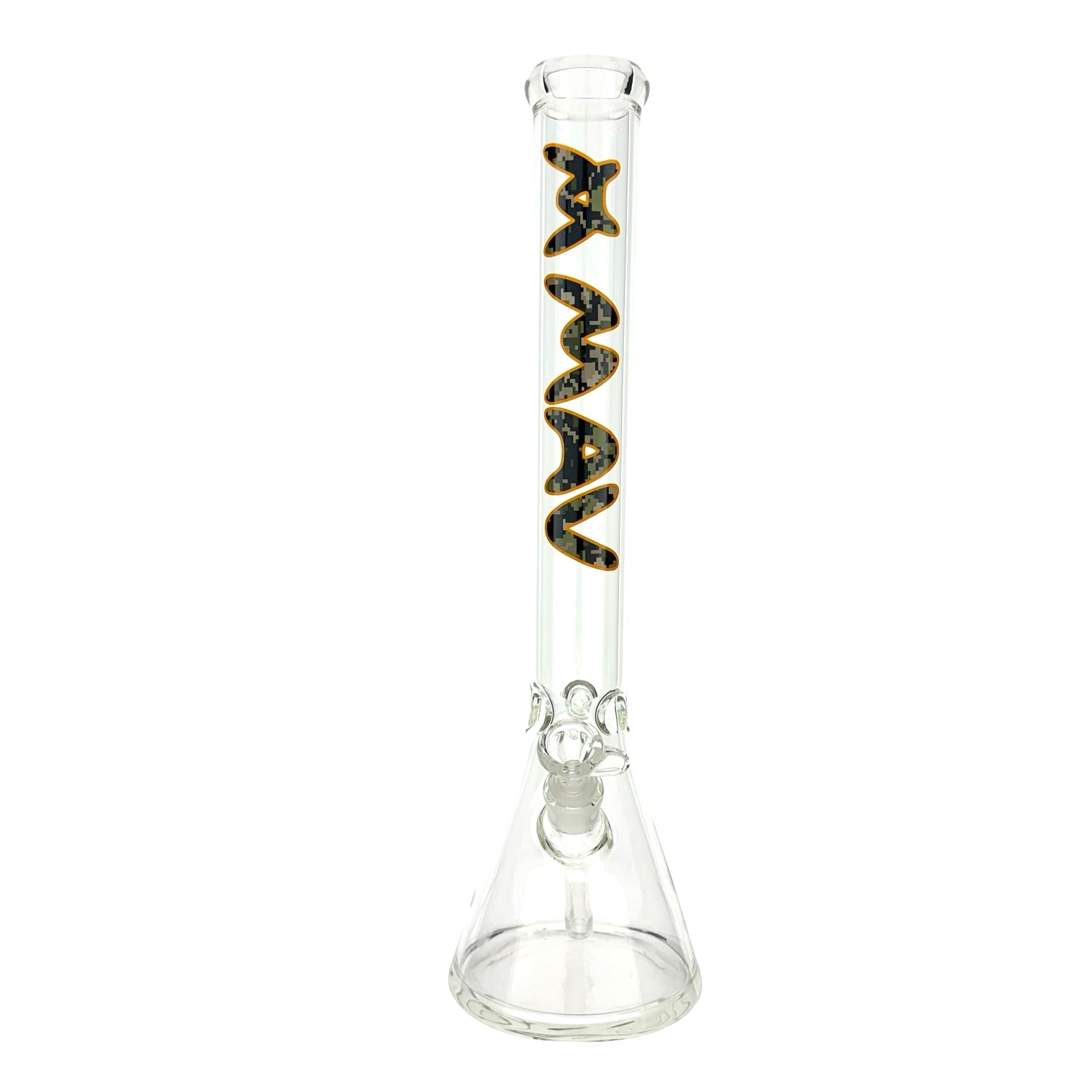 18-inch MAV Glass camouflage logo beaker bong showcasing its sturdy construction and ice pinch feature, perfect for smooth hits. - Default Title
