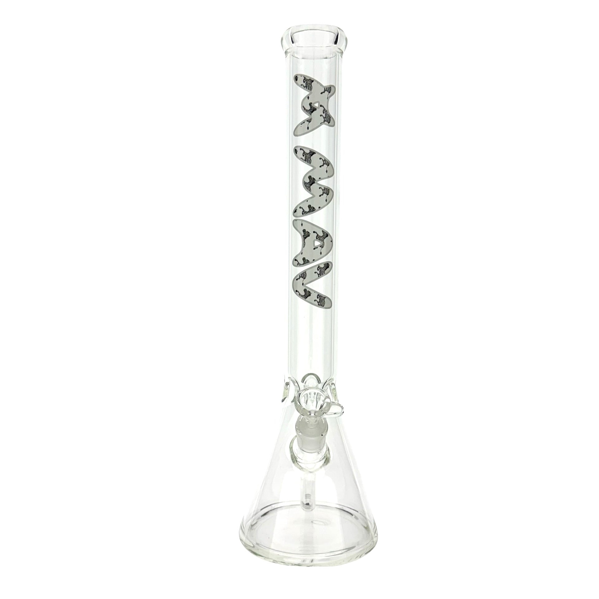 18-inch MAV Glass Safari Zebra Logo Beaker Bong with a 50mm diameter and ice pinch feature, showcasing its unique zebra stripe design. - Default Title