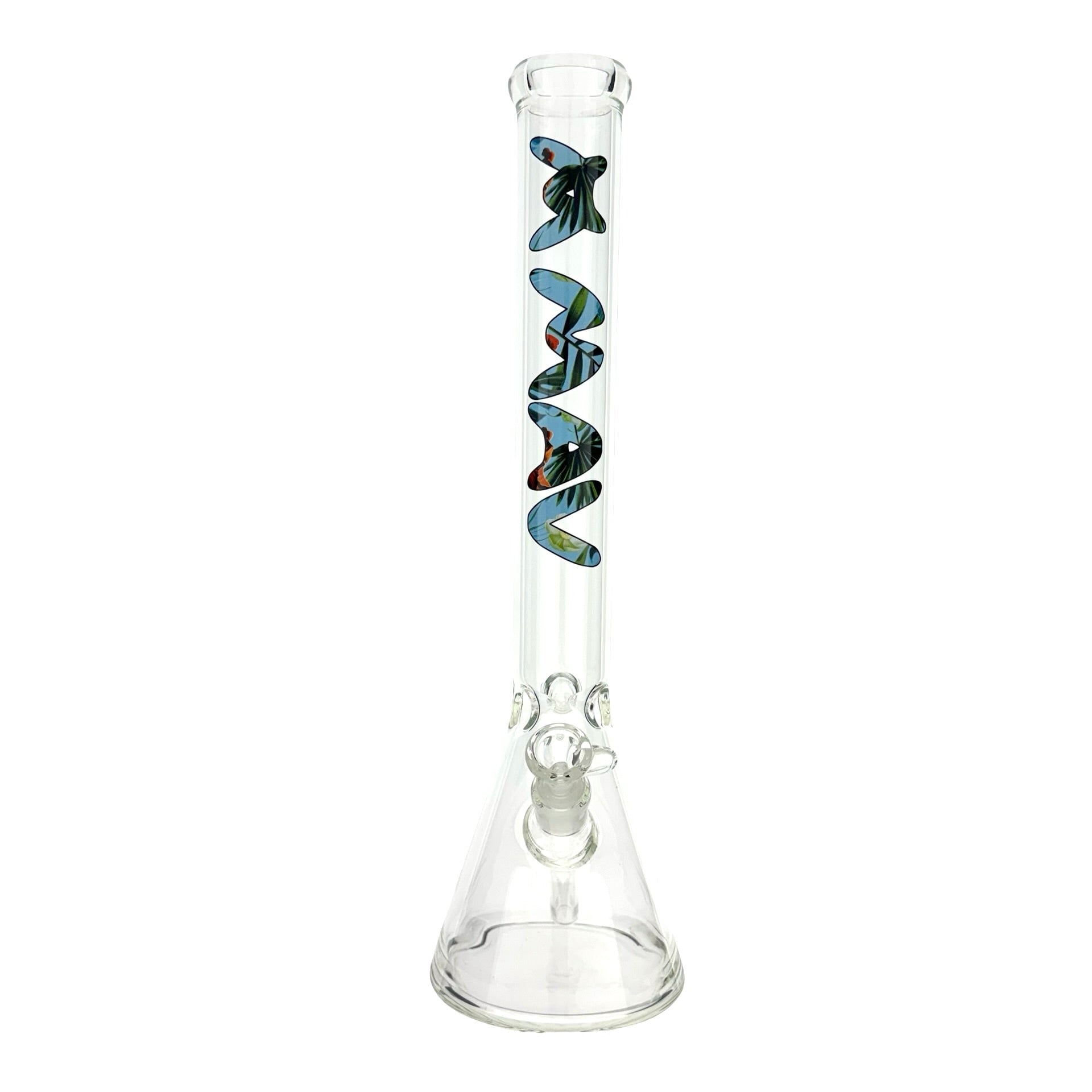 18-inch MAV Hawaii Floral Logo Beaker Bong showcasing vibrant floral design, 50mm diameter, and ice pinch for a smooth smoking experience. - Default Title